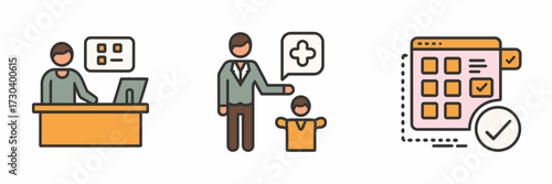 Vector icon sheet of hotel check-in concierge service and booking system