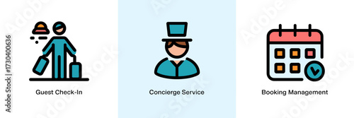 Modern vector icon sheet of guest check-in concierge service and booking