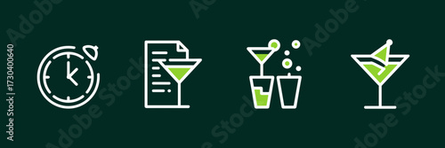 Vector icon sheet of bartender branding featuring happy hour drinks and nightlife