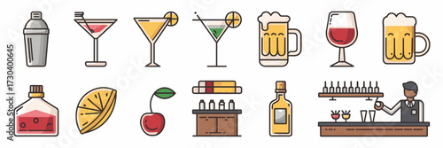 Vector icon sheet of bar counter drink preparation and serving drinks