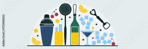 Vector icon sheet of bartender tools with shaker strainer opener and garnishes
