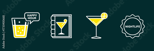 Vector icon sheet of bartender branding with happy hour design