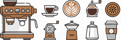 Vector icon sheet of barista essentials including espresso machine cup latte art grinder frother and to go cup