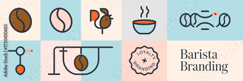 Vector icon sheet of barista branding with coffee bean logo steam wand and pastel colors