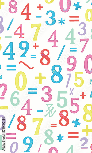 Seamless pattern of colorful numbers and mathematical symbols on a white background, playful design for education or celebration
