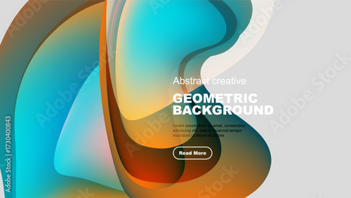 Fluid shapes overlap, creating vibrant color gradients. Modern design features text, button for website navigation.