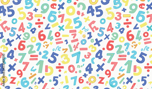 Colorful seamless pattern with hand-drawn numbers and mathematical symbols for education