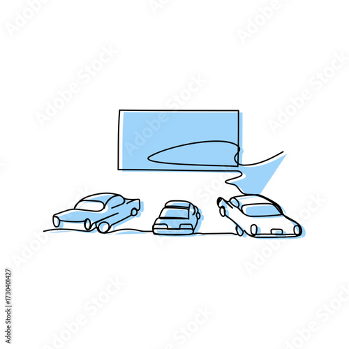 Minimal drive-in cinema illustration with cars watching movie screen, blue line style of nostalgic film culture