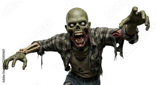 Grotesque animated zombie emerges with outstretched arms in a horror themed scene
