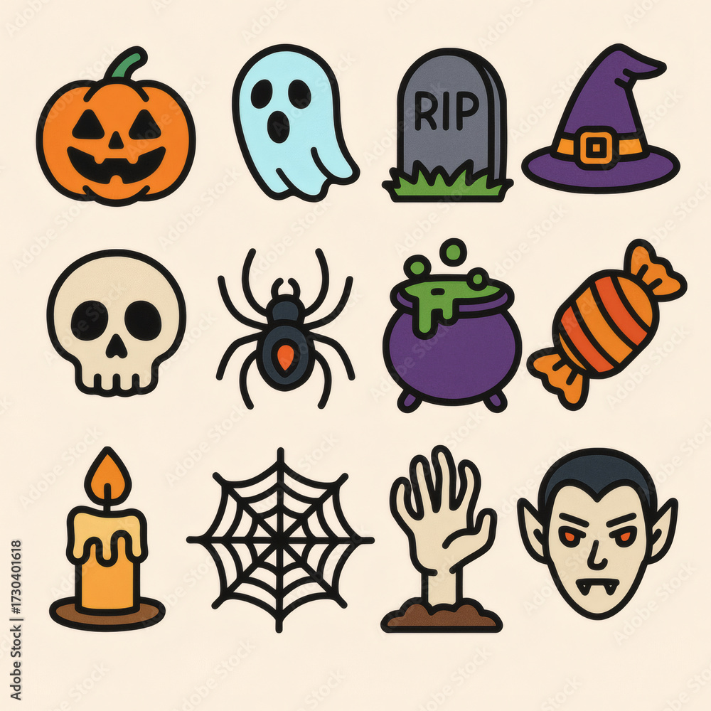 Obraz premium Cute Halloween Icons Collection – Black Cat, Ghost, Haunted House, Witch Hat