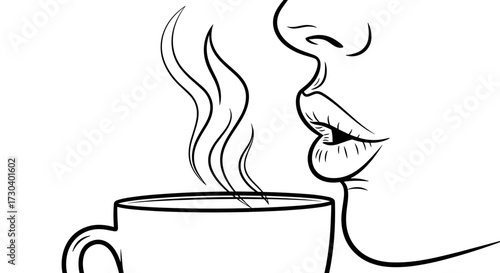 Woman's face with closed lips drinking hot beverage from cup with steam on a white background
