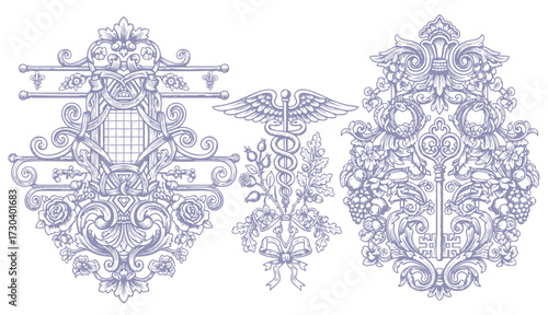 Floral decorative vector elements set, rococo and baroque style, vintage royal details. engraving illustration set