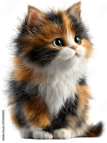 Adorable fluffy calico kitten with bright eyes, radiating cuteness and innocence, a sweet contrast for Halloween or fantasy art themes.