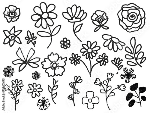 A seamless vector set of black and white floral elements featuring rose and leaf illustrations for design and textile pattern decoration