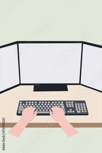 Triple Monitor Workspace with Keyboard and Hands