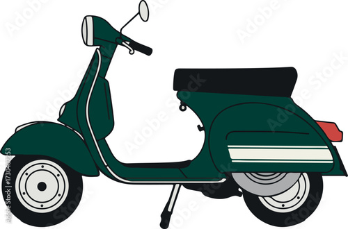Classic Dark Green Vintage Scooter Illustration on White Background, Representing Retro Style and Two-Wheeled Urban Transportation Design. A Timeless Icon of Mobility and Freedom