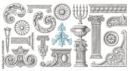 engraving illustration of victorian, rococo, baroque style elements. book cover, social media, t shirt design application