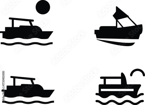Four silhouette icons of boats on water with nautical symbols