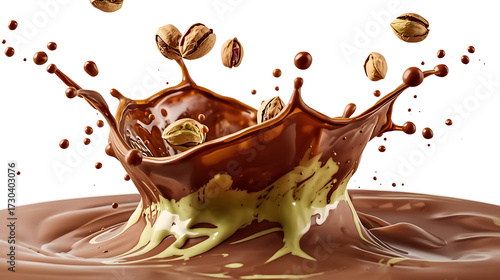 The photograph showcases a realistic food photography of melted chocolate and pistachio cream in dynamic waves, with whole pistachio nuts flying above the splashes.
