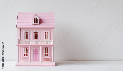 Pink dollhouse miniature on white background for design and concepts
