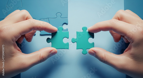 Two hands connect teal puzzle pieces against a blue background, symbolizing collaboration, solution, and connection