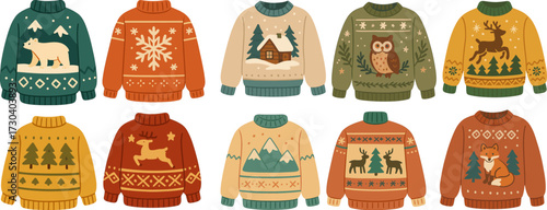 Christmas Sweater Vector Set with Woodland Animals and Winter Icons