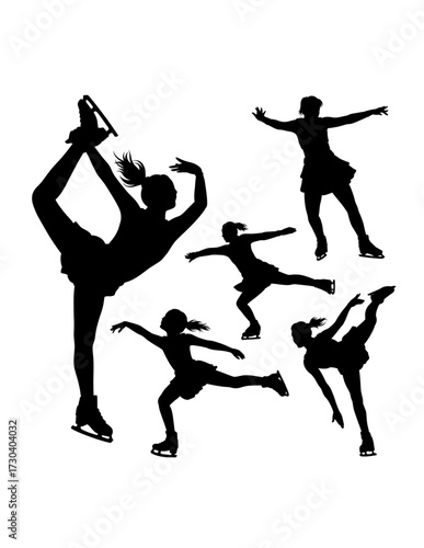 Girl playing ice skating sport training, dancing pose black silhouette