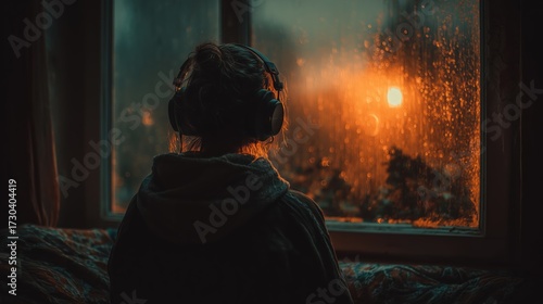 Person Wearing Headphones Looking Out a Rain Covered Window at Night with an Orange Glow