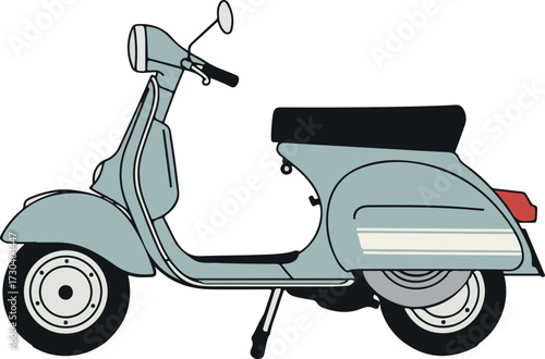Vintage light blue motor scooter isolated on a white background. Classic retro vehicle illustration representing a concept of city travel, freedom, and nostalgic lifestyle