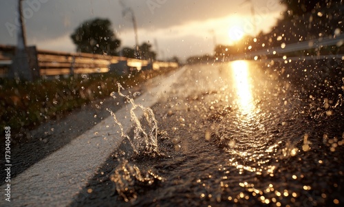 Rain-drenched road at sunset