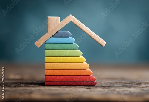 Colorful wooden house, rainbow-colored blocks,  stacked high