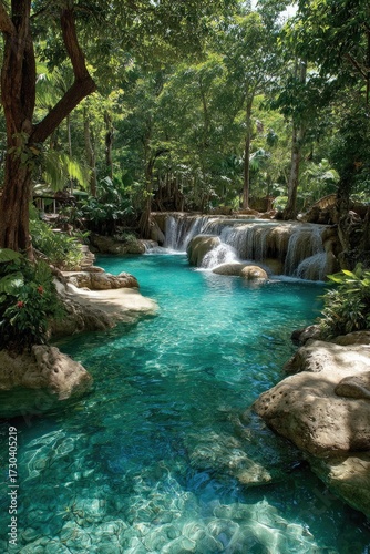 Lush turquoise river flowing through a tropical forest, cascading waterfalls