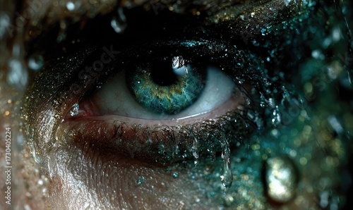 Close-up eye with teal and gold glitter, water drops