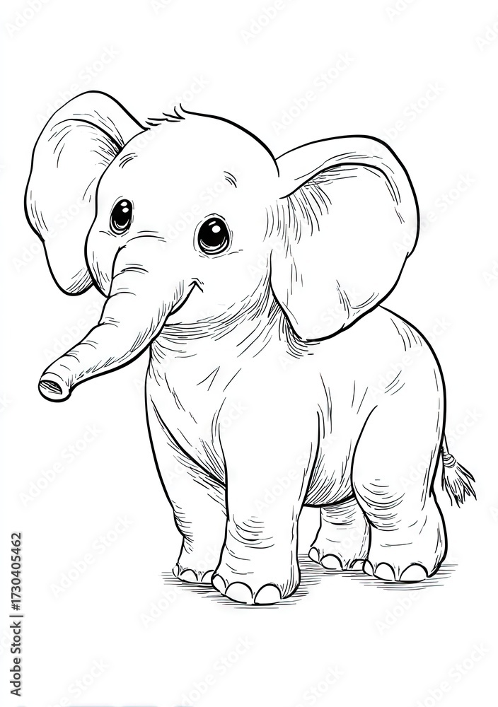 Naklejka premium Smiling baby elephant cartoon illustration in black and white outline