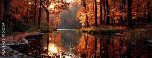 Autumnal forest reflects in a calm stream
