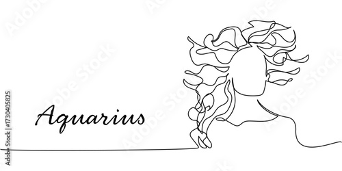 Minimalist one-line Aquarius zodiac sign illustration, elegant linear portrait with flowing hair in continuous black contour art