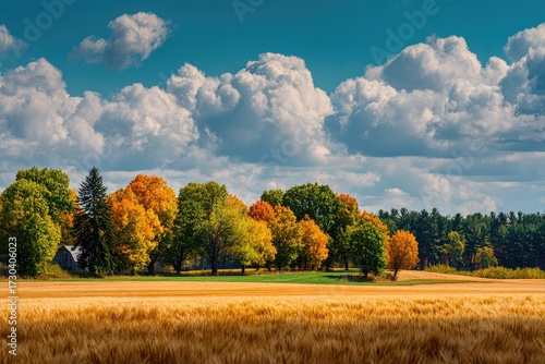 Autumnal field with colorful trees under a vibrant sky