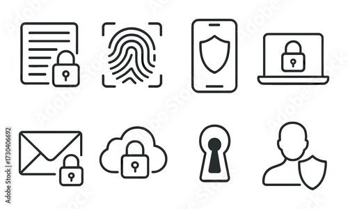 Cyber security icons featuring lock, fingerprint, shield, cloud, and keyhole on gradient background