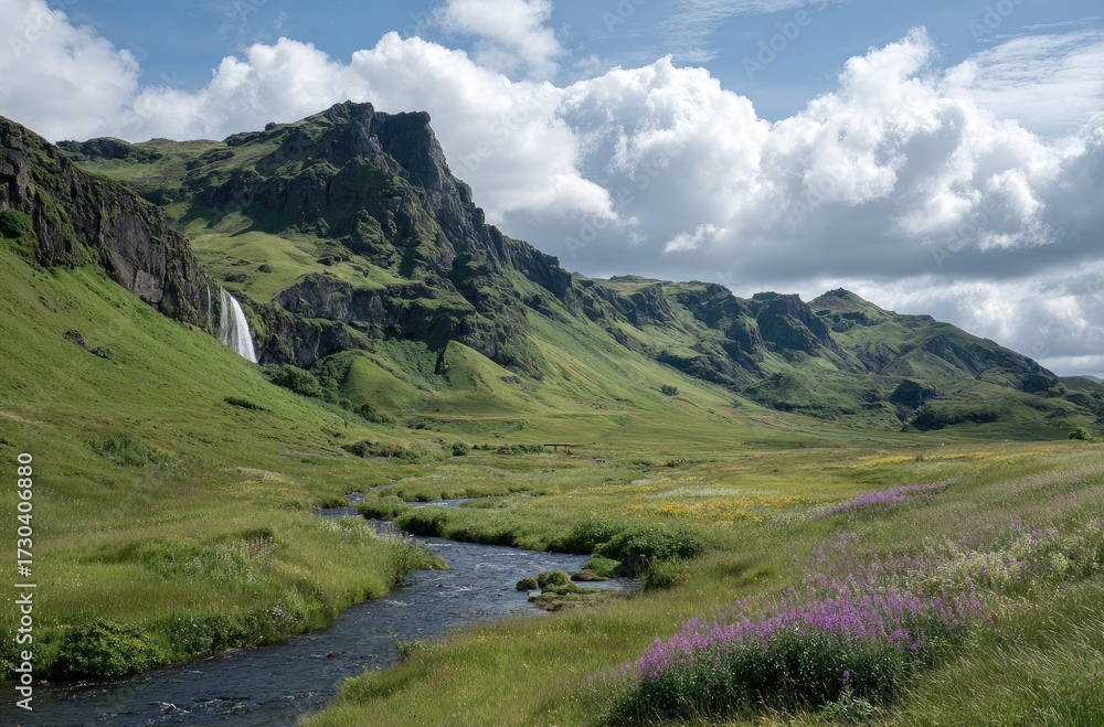 Fototapeta premium Lush Icelandic valley with waterfall (3)