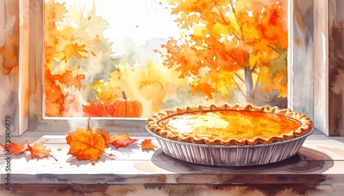 Pumpkin pie cooling on a windowsill Thanksgiving morning warm sunlight watercolor style. Fresh baked dessert autumn holiday scene bright morning glow artistic image.