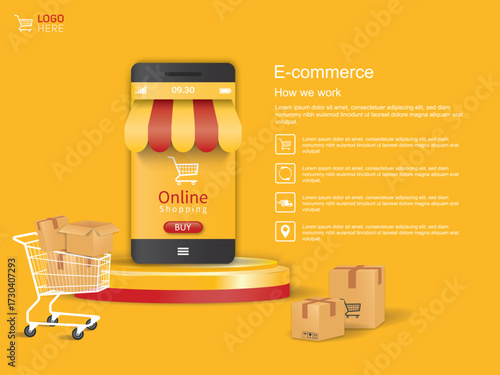 Ecommerce online shopping with online phone illustration on podium product