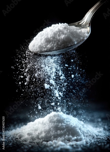 White powder spills from spoon onto dark surface