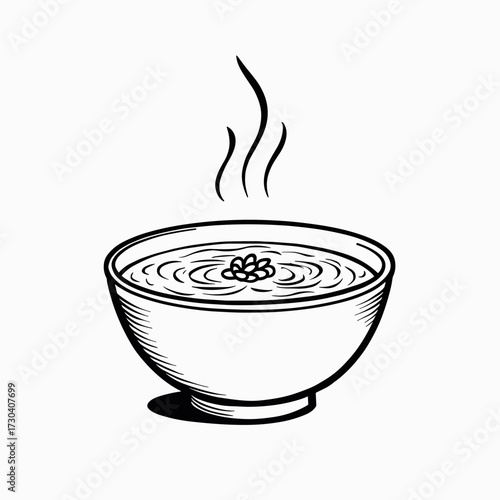 Simple line drawing of steaming bowl of soup with flower garnish  