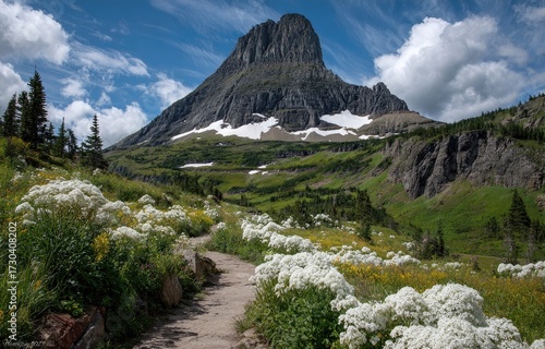 Mountain path amidst wildflowers.  Vast peak with wildflowers