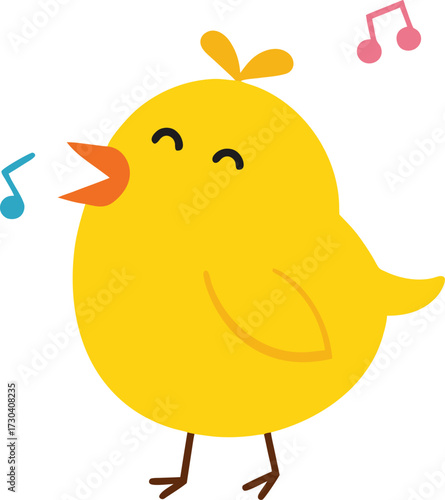 Playful cartoon canary singing with floating musical notes, bright yellow plump bird illustration.