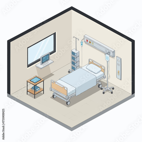 A hospital room interior with a bed, medical equipment, and monitor displays on the wall.