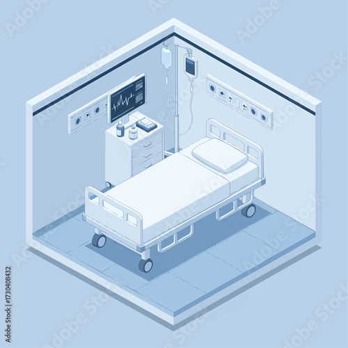 A hospital room with a bed and medical equipment is shown in an isometric view indoors.