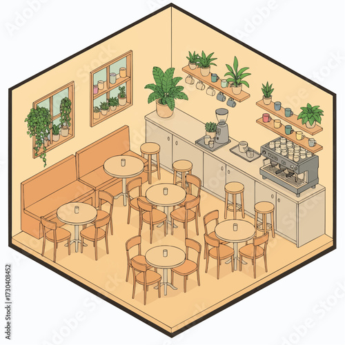 A modern coffee shop interior with tables, chairs, and plants on shelves near the counter and windows.