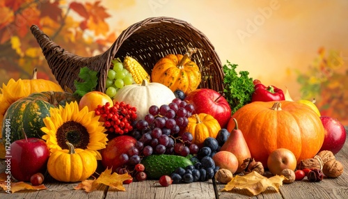 Cornucopia with autumn harvest fruits and vegetables. Seasonal bounty display fresh produce ample food supply garden vegetable fruit abundance.