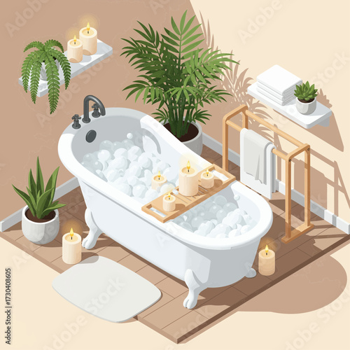 Relaxing evening in a cozy bathroom with a warm bubble bath surrounded by candles and lush green plants on a wooden floor.